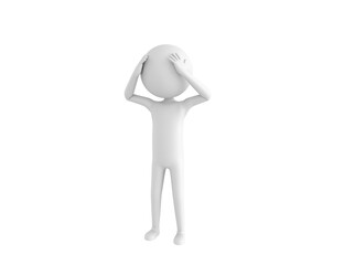 Stick Man character with hand on head for pain in head because stress in 3d rendering.