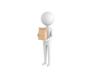 Stick Man character holding paper containers for takeaway food in 3d rendering.