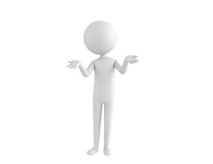 Stick Man character spreading his two hands and looking to camera in 3d rendering.