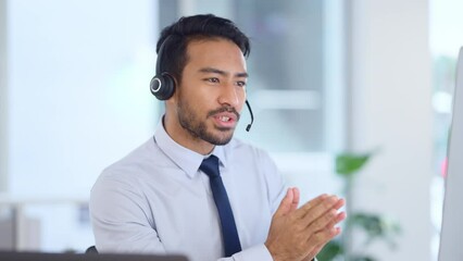 Call center agent consulting a buyer via video call in an office. A young friendly sales man talking to a client in a virtual meeting. A male customer service employee advising a consumer - Powered by Adobe