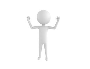 Stick Man character raising two fists in 3d rendering.