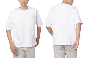 Young man in oversize T shirt mockup isolated on white background with clipping path.