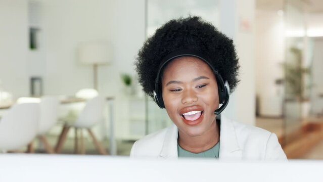 Offering Virtual Customer Service As A Call Center Sales Rep. .Confident And Happy Businesswoman With Afro Hair Consulting And Operating A Helpdesk For Customer Sales And Service Support