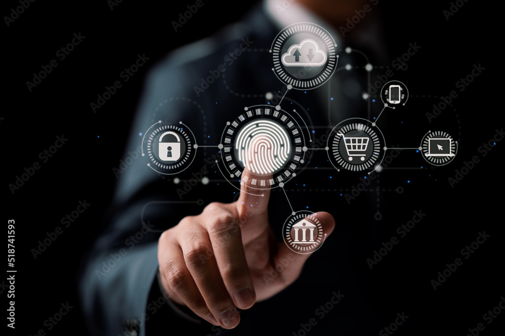 Poster Online transactions, businessman touching fingerprint scan provides security interface payment shopping banking and cloud computing network connection.