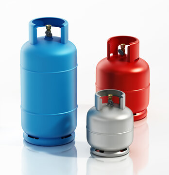 Various sized gas cylinders isolated on white background. 3D illustration