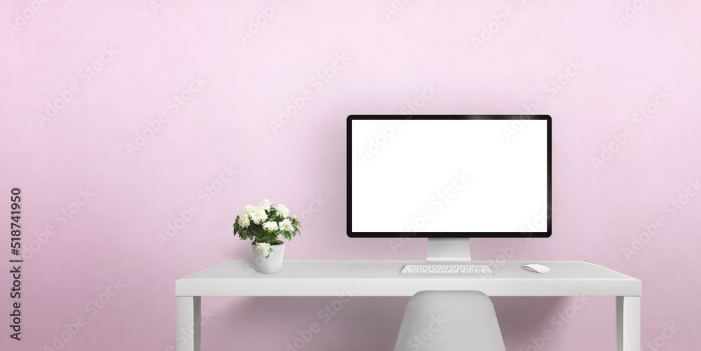 Aufkleber modern computer display on white desk and pink wall in bacgkround. isolated computer display for moc