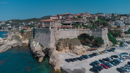 OVerview aerial drone panorama of ulcinj city castle viewed from the sea. Strong fort in the old town of Ulcinj.