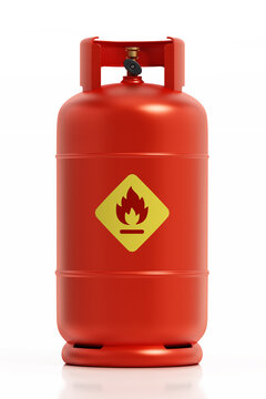 Red gas cylinder with flamable label isolated on white background. 3D illustration