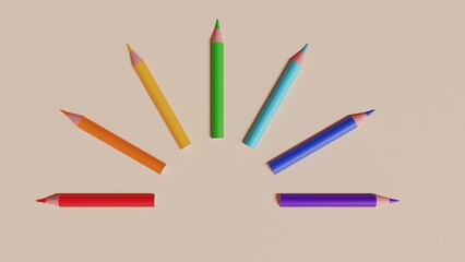 Rainbow colored pencils composition. 3d illustration.