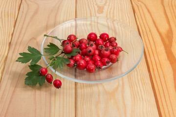 Fruits and twigs of hawthorn on saucer on rustic table