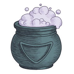 Vector illustration of a magical metal cauldron with bubbles, dark magic ritual of poison prepairing, art for halloween decoration, fairy tale books, decorative ilustration.