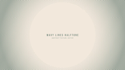 Wavy Ripple Lines Halftone Engraving Pattern Abstract Vector Round Frame Pale Green Border Isolated On Light Background. Half Tone Art Graphic Radial Etching Aesthetical Neutral Retro Design Wallpaper