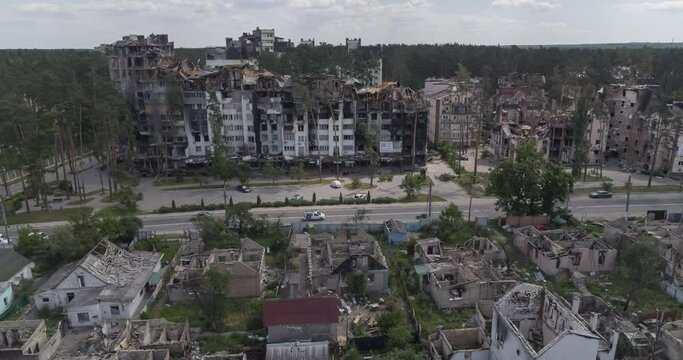 IRPIN, UKRAINE - JUNE 22, 2022: buildings destroyed by the Russian army