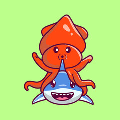 Octopus sitting on a shark cartoon character. animal mascot isolated.