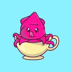 Octopus sitting inside a teapot cartoon character. animal mascot isolated.