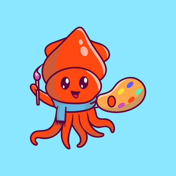 Octopus art painting cartoon character. animal mascot isolated.