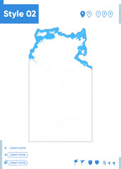 Northern Territory, Australia - stroke map isolated on white background with water and roads. Vector map