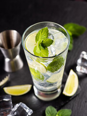 One glass of mojito cocktail with mint, lime and ice cubes