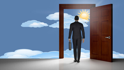 Fototapeta premium Illustrazione 3D. Uomo d'affari di fronte a porta aperta da cui si vede il futuro, rappresentato come cielo luminoso, si incammina verso il successo in economia e finanza..