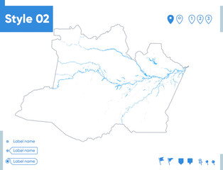 Amazonas, Brazil - stroke map isolated on white background with water and roads. Vector map