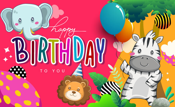 Children's birthday invitation and Greeting card, Happy Birthday party. Cute cartoon with balloon and gift, Jungle animals theme.