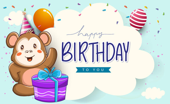 Cute children's birthday invitation and Greeting card, Happy Birthday party. Cute cartoon with balloon, gift and monkey.