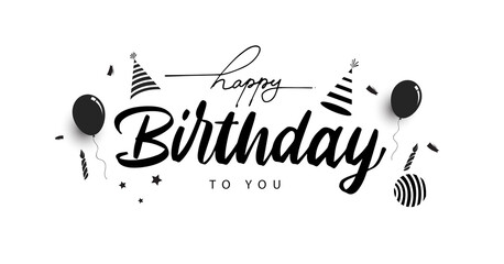 Happy Birthday lettering text banner, black color. Vector illustration.