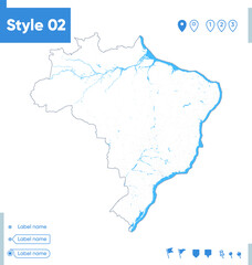 Brazil - stroke map isolated on white background with water and roads. Vector map