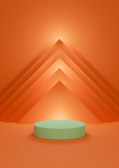 Neon orange, bright red 3D illustration simple, minimal product display with one cylinder stand with abstract pyramid triangle and lights at the top in the background