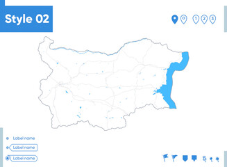 Obraz premium Bulgaria - stroke map isolated on white background with water and roads. Vector map