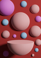 Bright maroon, dark red 3d Illustration simple minimal product display background side view abstract colorful bubbles or spheres podium stand for product photography or wallpaper