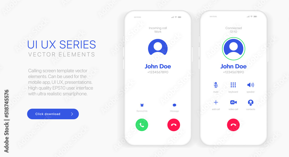 Leinwandbilder Voice call screen. Mockup incoming call, voicemail screen, smartphone interface vector UI UX template for application. New Call screen template. Mobile app display template. Vector illustration.