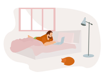 Obraz premium Work from home, coworking, concept illustration. Young male freelancer working on laptop at home. Flat style vector illustration