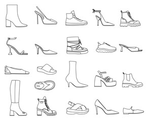 Women's shoes icons set. Shoes fashion line from high heels and sports sneakers to platform boots and summer sandals, linear isolated vector illustration on a black background