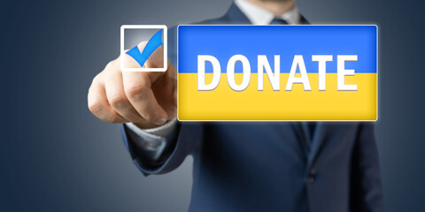 Support of Ukraine concept, official person or politician man in the suit pushes donate button on ukrainian flag
