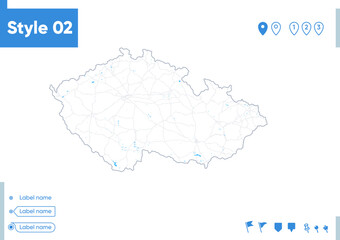 Czech Republic - stroke map isolated on white background with water and roads. Vector map