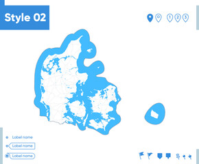 Denmark - stroke map isolated on white background with water and roads. Vector map