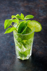 Mojito cocktail on a dark background. Summer cocktail with lime, mint and ice cubes. Refreshing citrus drink