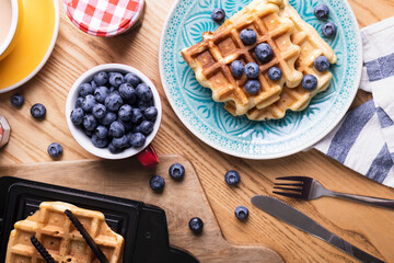 morning - bright breakfast with Belgian waffles