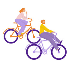 Young couple riding bicycles. Happy man and lady have fun on bikes. Flat vector illustration