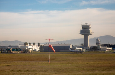 Fototapeta premium Cape Town International Airport in South Africa, South Africa, is one of the best African airports, with a single-engine propeller plane and volume sign.