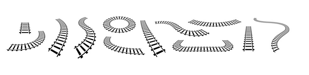Vector illustration of curved railroad isolated on white background. Straight and curved railway train track icon set. Perspective view railroad train pathes. 