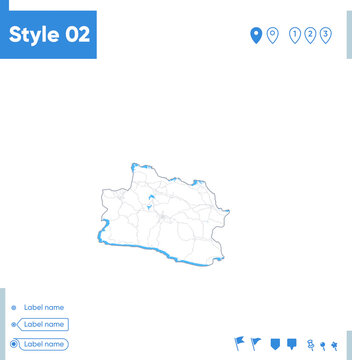 West Java, Indonesia - stroke map isolated on white background with water and roads. Vector map
