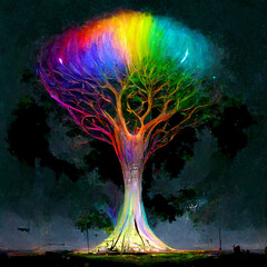 glowing rainbow tree at night - obrazy, fototapety, plakaty