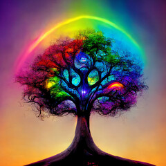 glowing rainbow tree at night - obrazy, fototapety, plakaty