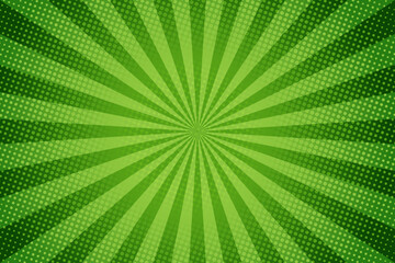 Sun rays retro vintage style on green background, Comic pattern with starburst and halftone. Cartoon retro sunburst effect with dots. Rays. Summer banner vector illustration.