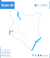 Kenya - stroke map isolated on white background with water and roads. Vector map