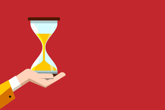 Sand glass - hourglass being held by human hand on red background - vector