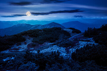 mountain landscape in autumn at night. wonderful nature scenery in full moon light. stones and plants on the hills. svydovets ridge of carpathian mountains in the distance