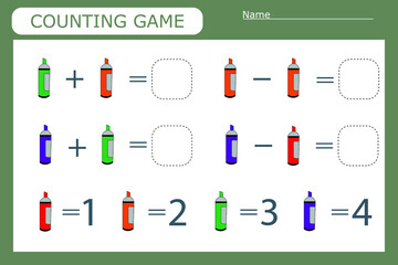 counting game with school supplies, markers. Preschool worksheet, kids activity sheet, printable worksheet